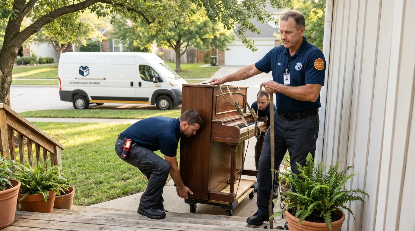 Licensed piano movers securing grand piano in York Beach, ME