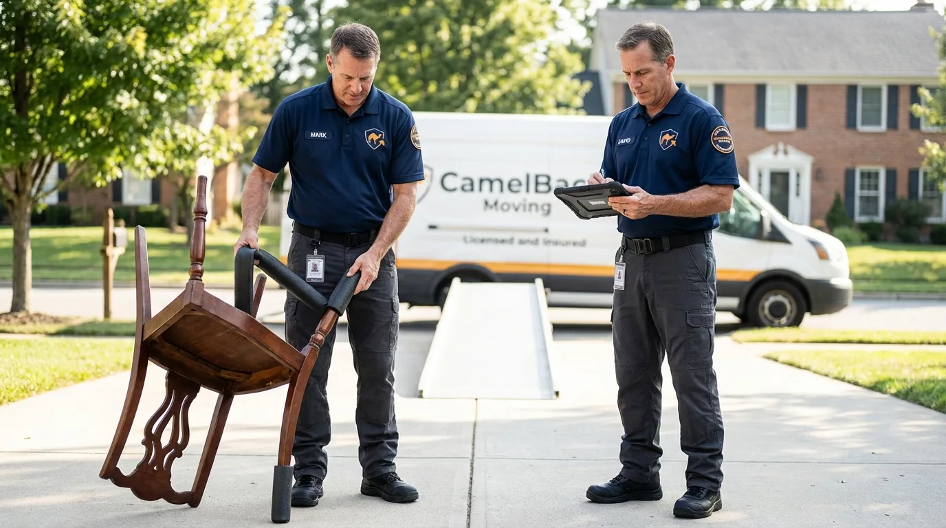 Movers inspecting furniture for damage prevention before loading in York Beach, ME