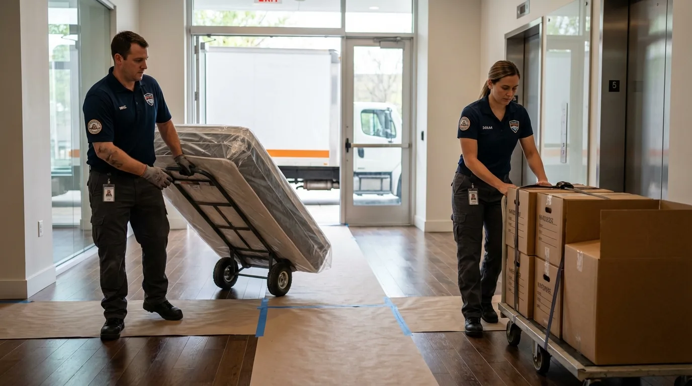 Professional apartment movers loading elevator in York Beach, ME