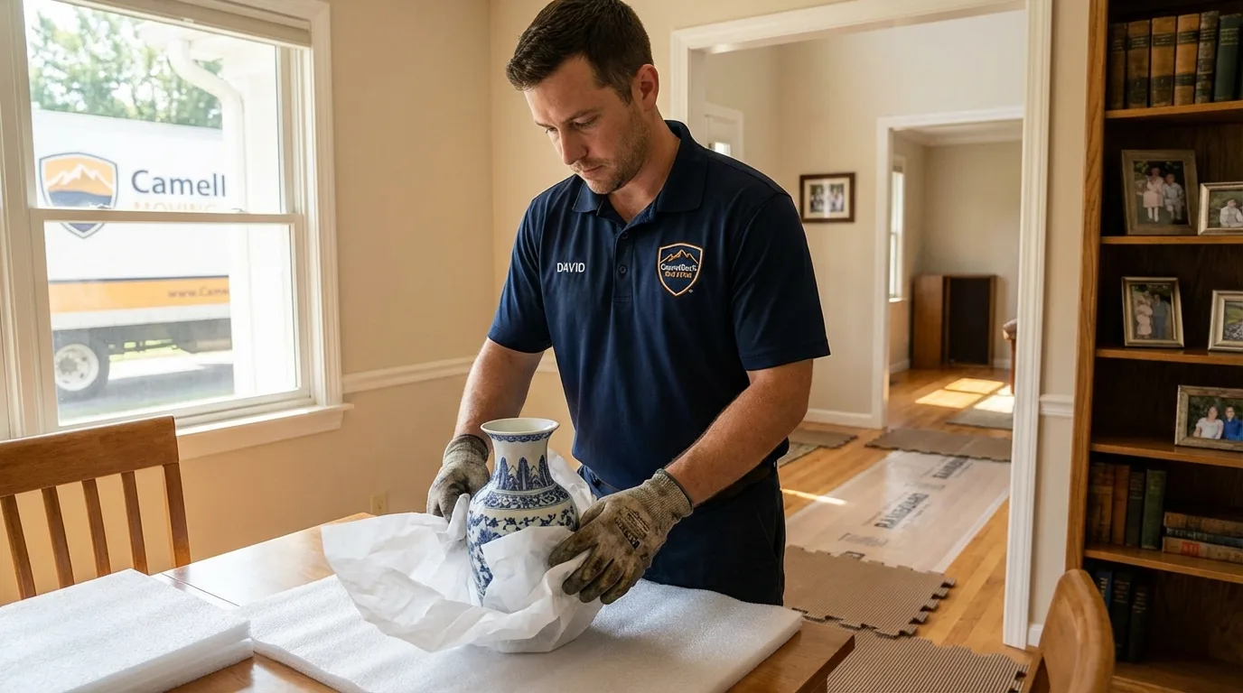 Professional crew carefully wrapping antique vase for senior downsizing move in York Beach, ME