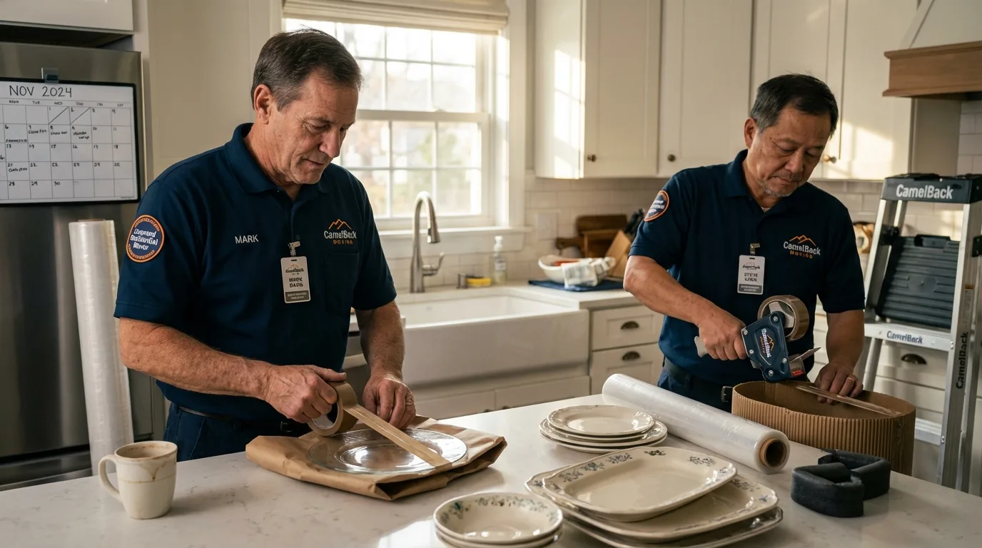 Professional crew packing kitchen dishware in York Beach, ME