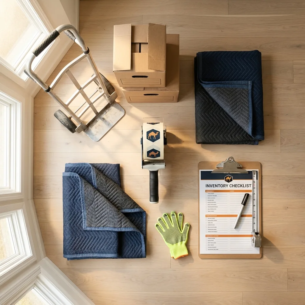 Professional moving supplies and packing materials layout for York Beach residential relocations
